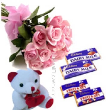 Bunch of 10 pink Roses and 6 inch Teddy and 4pc Cadbury Chocolate
