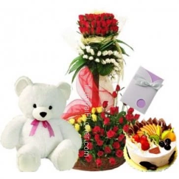 Tall arrangement of 100 Mixed Color roses and 1 kg. Mixed Fruit Cake with 6 inch Teddy  and 1 Simple Greeting Card
