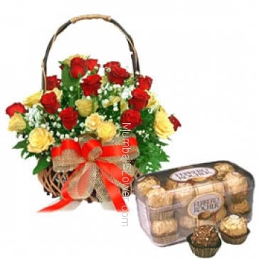 Basket of 25 Yellow and Red Roses nicely decorated with 16pc Ferroro Rocher Chocolate