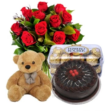 Bunch 12 Red Roses nicely decorated with 16pc Ferroro Rocher Chocolate and 12 inch teddy with Half kg. Chocolate cake 
