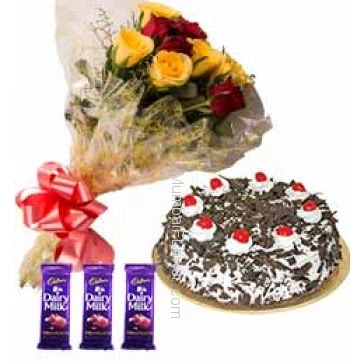 Bunch of 12 Red and Yellow Roses, Half kg. Black Forest cake and 3 Pc Cadbury Dairy Milk Chocolate 