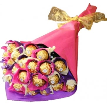 Simple Chocolate Bouquet of 20 Pc Ferrero Rocher Chocolates nicely decorated with Color Paper Packing and Ribbons